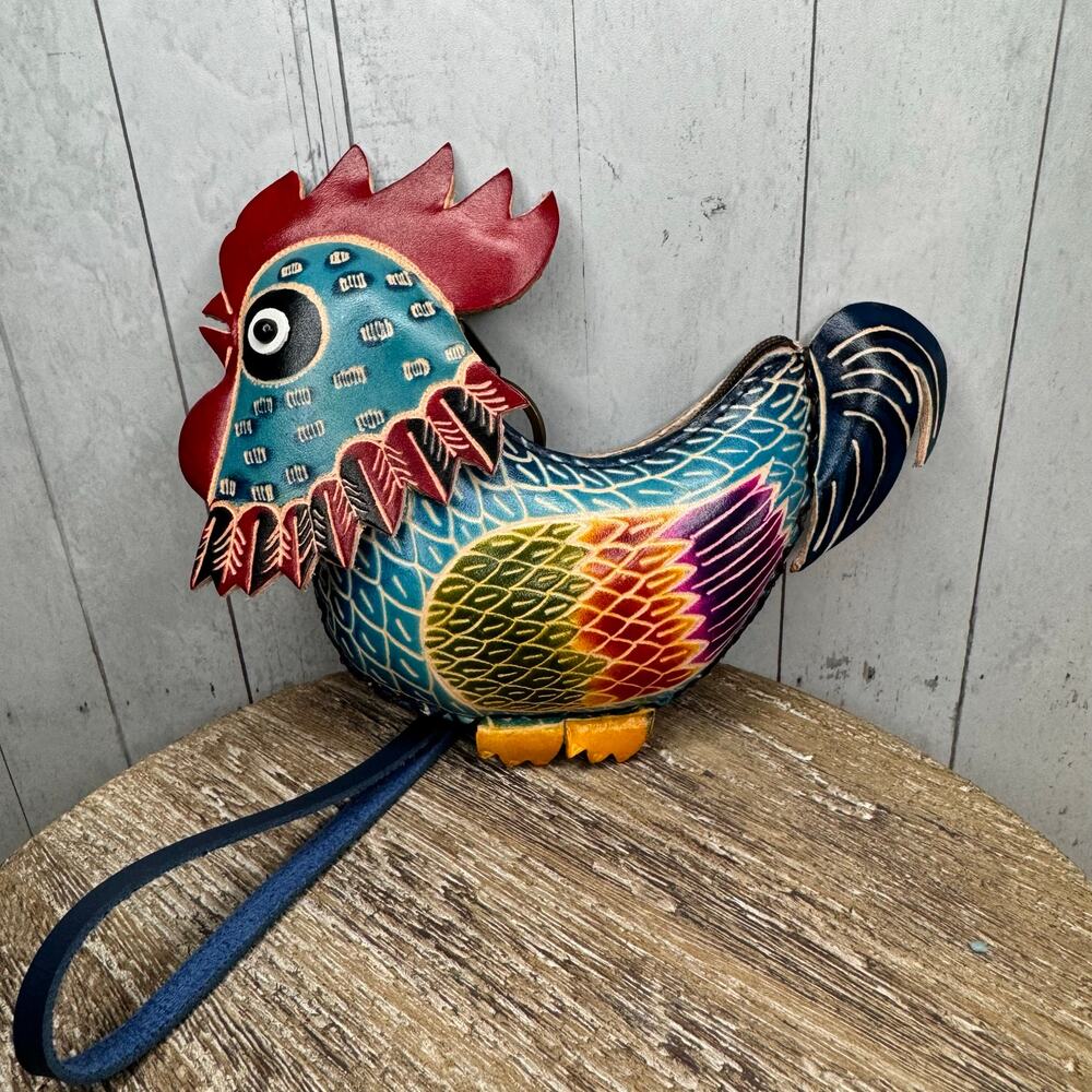 Genuine Leather Rooster Coin Purse Wristlet Chicken Hand Painted Leather NEW!